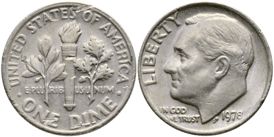 США 10 центов (дайм) 1978 Рузвельт KM 195а медь плакированная медно-никелем  54-348