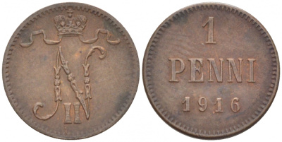 РОССИЯ ДЛЯ ФИНЛЯНДИИ 1 ПЕННИ 1916 НИКОЛАЙ II (1895-1917) KM 13, Биткин 476 медь 211-1021