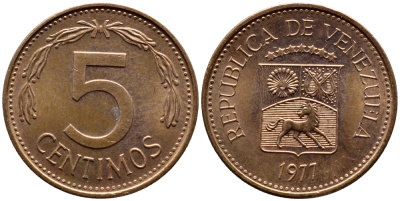 Венесуэла 5 сентимо 1977 KM 49 сталь плакированная медью 4392-943