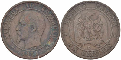 ФРАНЦИЯ 10 САНТИМОВ 1854 K, НАПОЛЕОН III (1852-1870) KM 771.5, LE FRANC 133.15 бронза 38-925