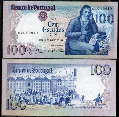 Португалия 100 эскудо 1984 Мануэл Мария Барбоза ду Бокаже, площадь Росиу в Лиссабоне Pick 178 c (3)  бумага  UNC (пресс) 7201-7-1
