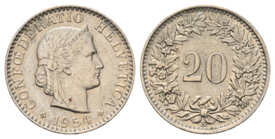 Швейцария 20 раппенов 1954 KM 29a медно-никель 4682-924