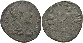 Римская Империя, Провинция Азия, Лидия, Гипепа АЕ 193 - 211 Септимий Север, бюст императора / Артемида и Тихе, 15,71 гр, rare Lindgren A 742D медь 1073-22-54