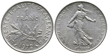 ФРАНЦИЯ 1 ФРАНК 1972 СЕЯТЕЛЬ KM 925.1 никель 59-613