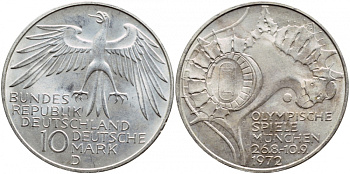 ФРГ 10 МАРОК 1972 D, ОЛИМПИАДА, СТАДИОН KM 133, J.404 серебро UNC 1520-1443