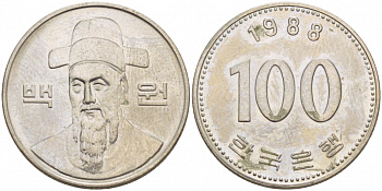 Южная Корея 100 вон 1988 Ли-Сунсин, корейский флотоводец KM 35.2 медно-никель 4548-556