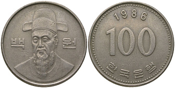 Южная Корея 100 вон 1986 Ли-Сунсин, корейский флотоводец KM 35.2 медно-никель 4187-822