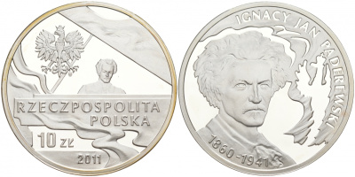 Польша 10 злотых 2011 MW, 70 лет со дня смерти Игнация Яна Падеревского пианиста, композитора KM 790 серебро PROOF 11-012-13