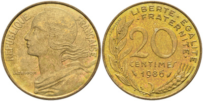 Франция 20 сантимов 1986 тип Марианна KM 930 медь алюминий никель 4116-542