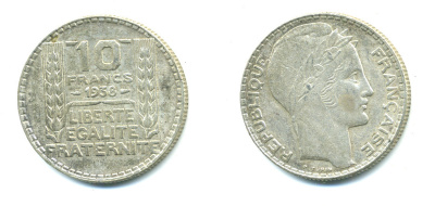 Франция 10 франков 1938 Пьер Тюрен KM 878, Le Franc 360.9 серебро 4385-941