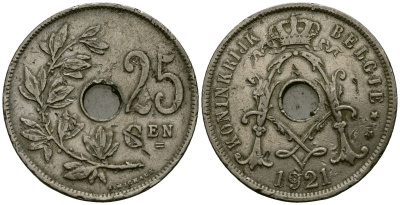 Бельгия 25 сантимов 1921 Belgie KM 69 медно-никель 4165-822