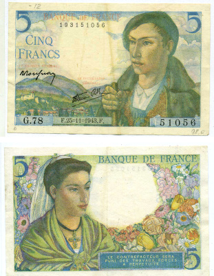 Франция 5 франков 1943 25 ноября 1943 Pick 68а  бумага   435-2-3-2