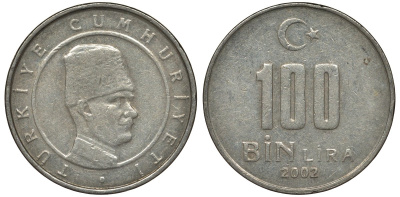 Турция 100000 лир 2002 Мустафа Кемаль Ататюрк KM 1106 медь никель цинк 4122-252