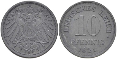 ГЕРМАНИЯ 10 ПФЕННИГОВ 1921 (1917-1922) KM 26, J. 299, Weege 8 цинк 210-257