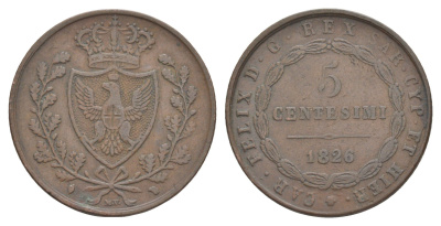 Сардиния 5 чентезимо 1826 KM 127 медь 1522-1425