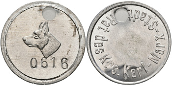 Германия СОБАЧИЙ жетон, РЕГИСТРАЦИОННЫЙ №0616, ГОРОД Карл МАРКС ШТАДТ, РАЙОННЫЙ СОВЕТ алюминий 4557-233
