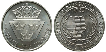 Швеция 100 крон 1985 Карл XVI Густав (1973- ), Международный год молодежи KM 864 серебро BUNC 4111-1226