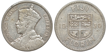 Фиджи 1 флорин 1936 Георг V (1910-1936), герб Фиджи KM 5 серебро    1531-811