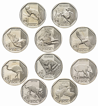 Перу лот из 10 монет по 1 соль 2017-2019 вымирающие дикие животные Перу  медь никель цинк  UNC  M67-14