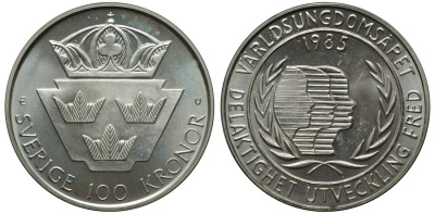 Швеция 100 крон 1985 Карл XVI Густав (1973- ), Международный год молодежи KM 864 серебро BUNC 4111-1226