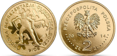 Польша 2 злотых 2014 MW, XXII зимние Олимпийские игры 2014 года в Сочи, лыжник KM 893 нордик UNC 4514-756