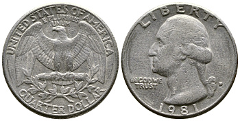 США 25 ЦЕНТОВ = КВОТЕР 1981 D, ВАШИНГТОН KM А164а медь плакированная медно-никелем 57-1044