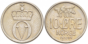 НОРВЕГИЯ 10 ЭРЕ 1969 ПЧЕЛА KM 411 медно-никель 4547-1042