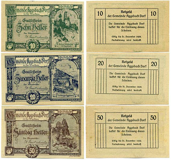 Австрия, Агсбах-Дорф набор из 3 банкнот 10, 20, 50 геллеров 1920 31 декабря 1920, нотгельд, земля Нижняя Австрия   бумага  UNC (пресс) 7555-11-2-2