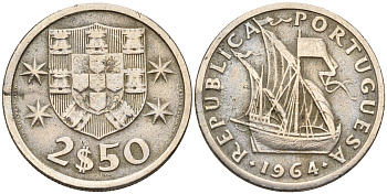 Португалия 2,5 эскудо 1964 парусник KM 590 медно-никель    4160-1168