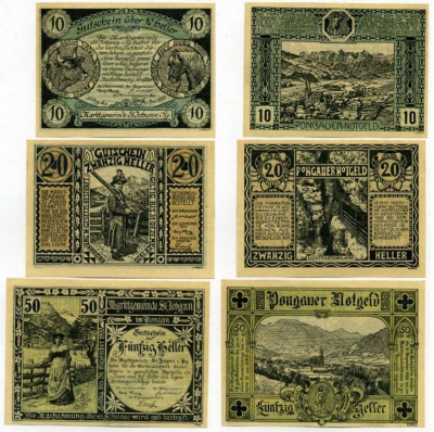Австрия, Санкт-Иоганн-им-Понгау набор из 3 банкнот 10, 20, 50 геллеров 1920 12 мая 1920 - 31 декабря 1920, нотгельд, земля Зальцбург   бумага  UNC (пресс) 7555-26-3-1
