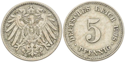 Германия 5 пфеннигов 1908 A KM 11, Jager 12, Weege 6 медно-никель 206-1222
