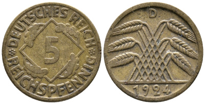 ГЕРМАНИЯ 5 РЕЙХСПФЕННИГОВ 1924 D KM 39, J. 316 алюминиевая бронза 39-531