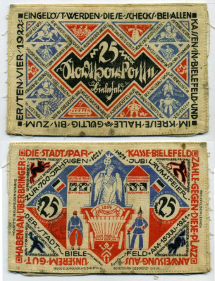 БИЛЕФЕЛЬД 25 МАРОК 1921 НОТГЕЛЬД, 15 ИЮНЯ 1921 - 1 АПРЕЛЯ 1922, ЗЕМЛЯ СЕВЕРНЫЙ РЕЙН-ВЕСТФАЛИЯ Grabowski 103.11 шёлк 6312-10-1-1