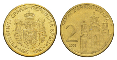 Сербия 2 динара 2009 KM 49 сталь плакированная латунью aUNC 4646-1245
