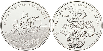 Франция 1/4 евро 2003 100 лет велогонкам "Тур де Франс" KM 1995 серебро UNC 1087-10-21