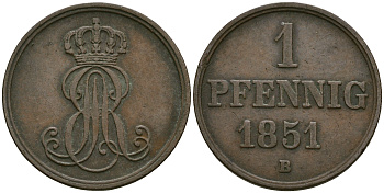 Ганновер 1 пфенниг 1851 B, Эрнст Август (1837-1851) KM 201.1, AKS 129, J. 74 медь 4608-1114