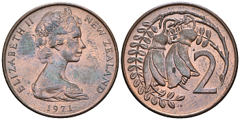 Новая Зеландия 2 цента 1971 Елизавета II (1952-2022), два цветка каухаи KM 32.1 бронза  UNC  4176-657
