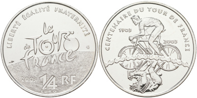 Франция 1/4 евро 2003 100 лет велогонкам "Тур де Франс" KM 1995 серебро UNC 1087-10-21