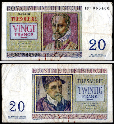 Бельгия 20 франков 1956 Pick 132 b бумага 8604-6-2-2