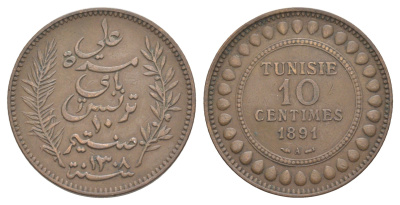 Тунис 10 сантимов 1891 A KM 222 бронза 4634-841
