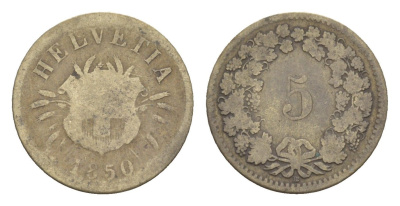 Швейцария 5 раппенов 1850 BB KM 5 серебро 4655-252