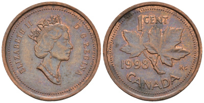 Канада 1 цент 1998 Елизавета II (1952-2022), кленовый лист KM 289 сталь плакированная медью 4609-257