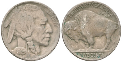 США 5 центов 1925 индеец, бизон KM 134 медно-никель 4614-1062