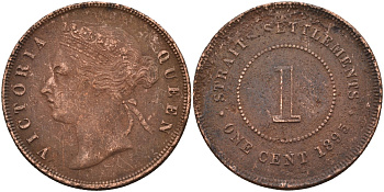 Стрейтс-Сетлментс 1 цент 1895 Виктория (1837-1901), Ост-Индская компания KM 16 бронза 4590-615