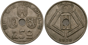 Бельгия 25 сантимов 1938 Belgie - Belgique KM 115 никель латунь 4117-724