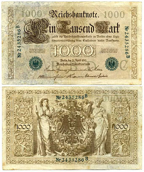 ГЕРМАНИЯ 1000 МАРОК 1910 21 АПРЕЛЯ 1910, ЗЕЛЁНАЯ ПЕЧАТЬ, СЕМИЗНАЧНЫЙ НОМЕР Pick 45b бумага 7198-32-3-1