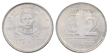 Индия 2 рупии 2009 200 лет со дня рождения Луи Брайля KM 368 нержавеющая сталь UNC 4656-233