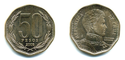 Чили 50 песо 2009 Бернардо О’Хиггинс KM 219.2 алюминиевая бронза 35-636