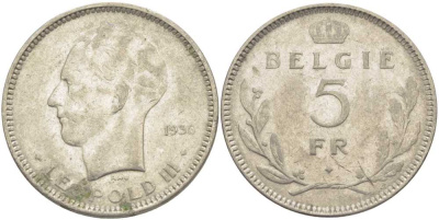 Бельгия 5 франков 1936 Леопольд III (1934-1951), Belgie KM 109 никель 3851-526