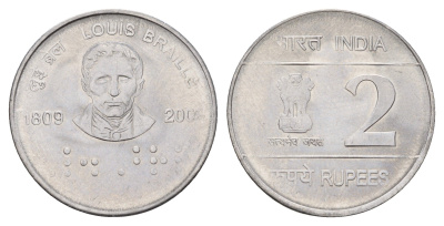 Индия 2 рупии 2009 200 лет со дня рождения Луи Брайля KM 368 нержавеющая сталь UNC 4656-233